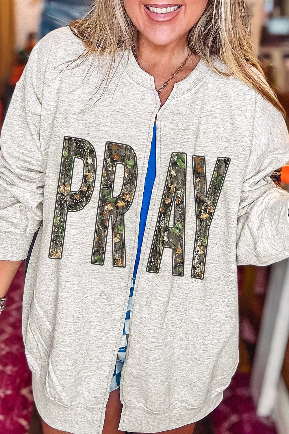 Camo Print PRAY Letter Open Front Tunic Sweatshirt