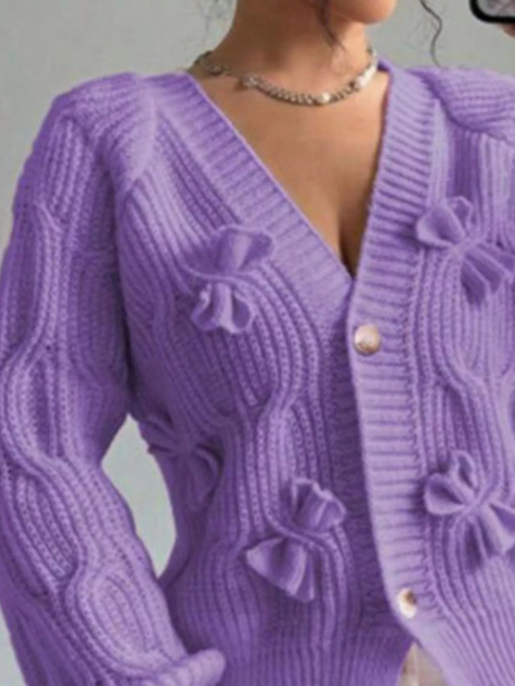 Bow Cable Knit V-Neck Cardigan - Lilixa.store