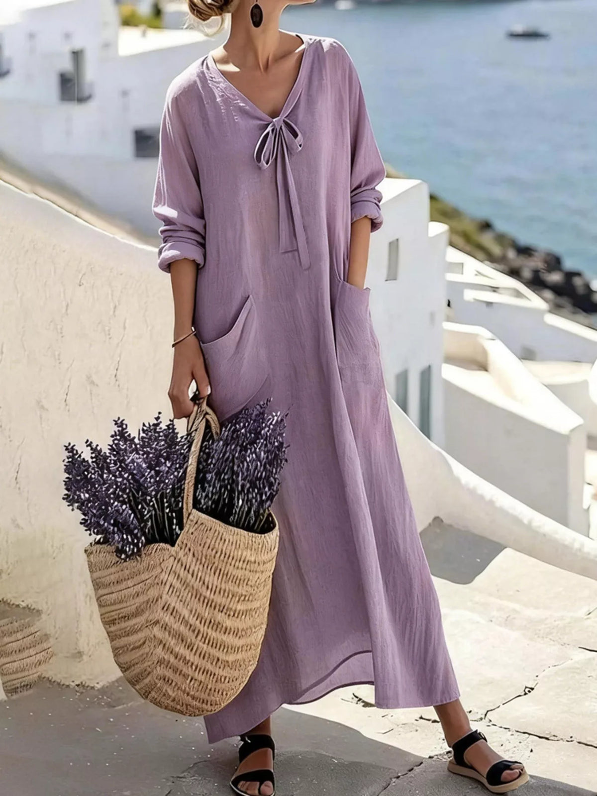 Full Size Long Sleeve Loose Maxi Dress with Pockets Plus Size in Light Purple