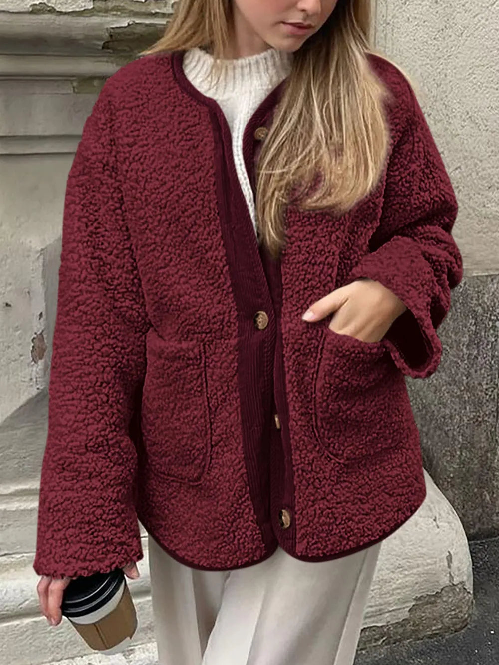 Contrast Button Up Sherpa Jacket with Pockets, view 14