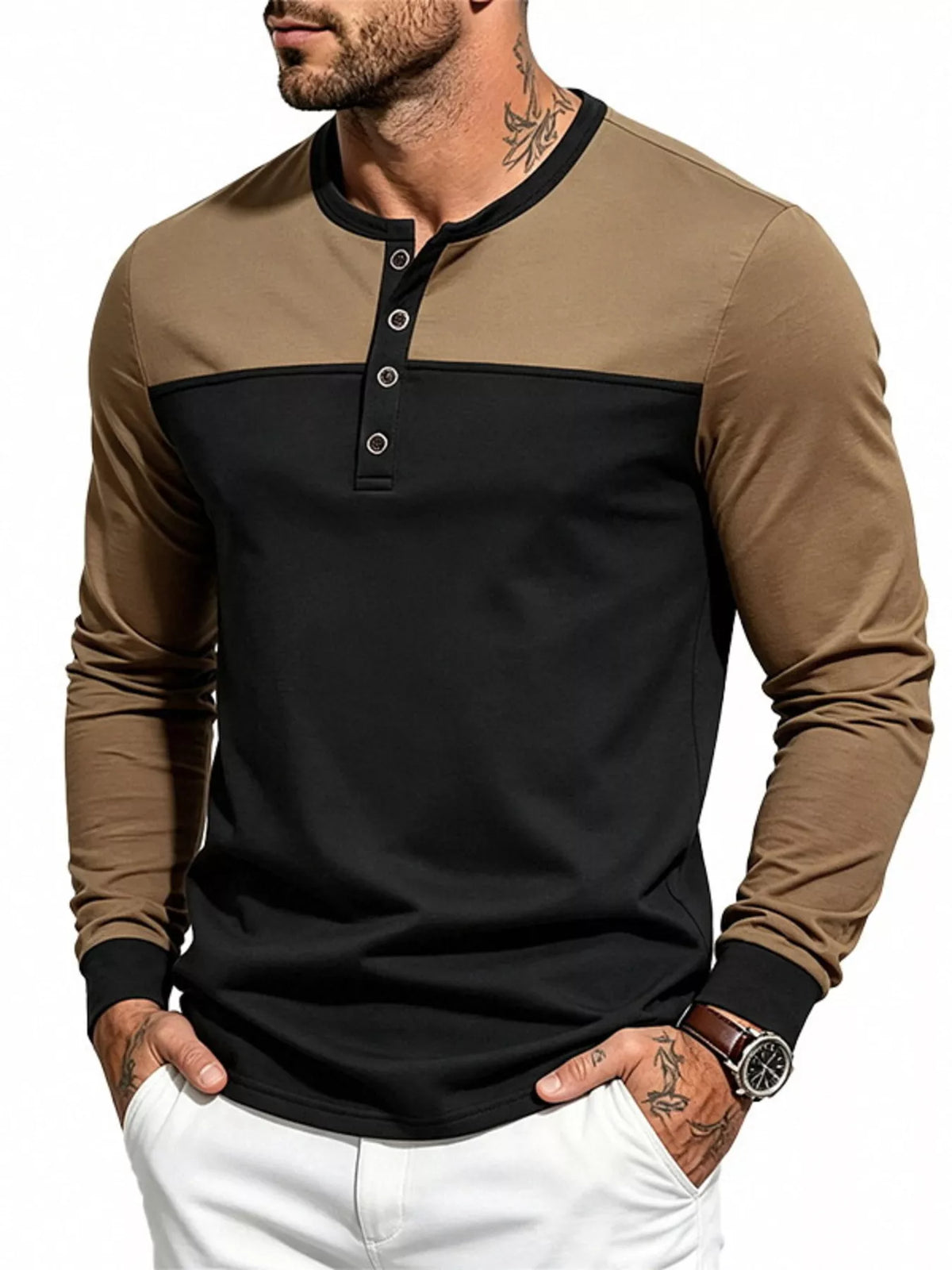 Men's Full Size Color-Block Long Sleeve Henley T-Shirt Plus Size - Lilixa.store