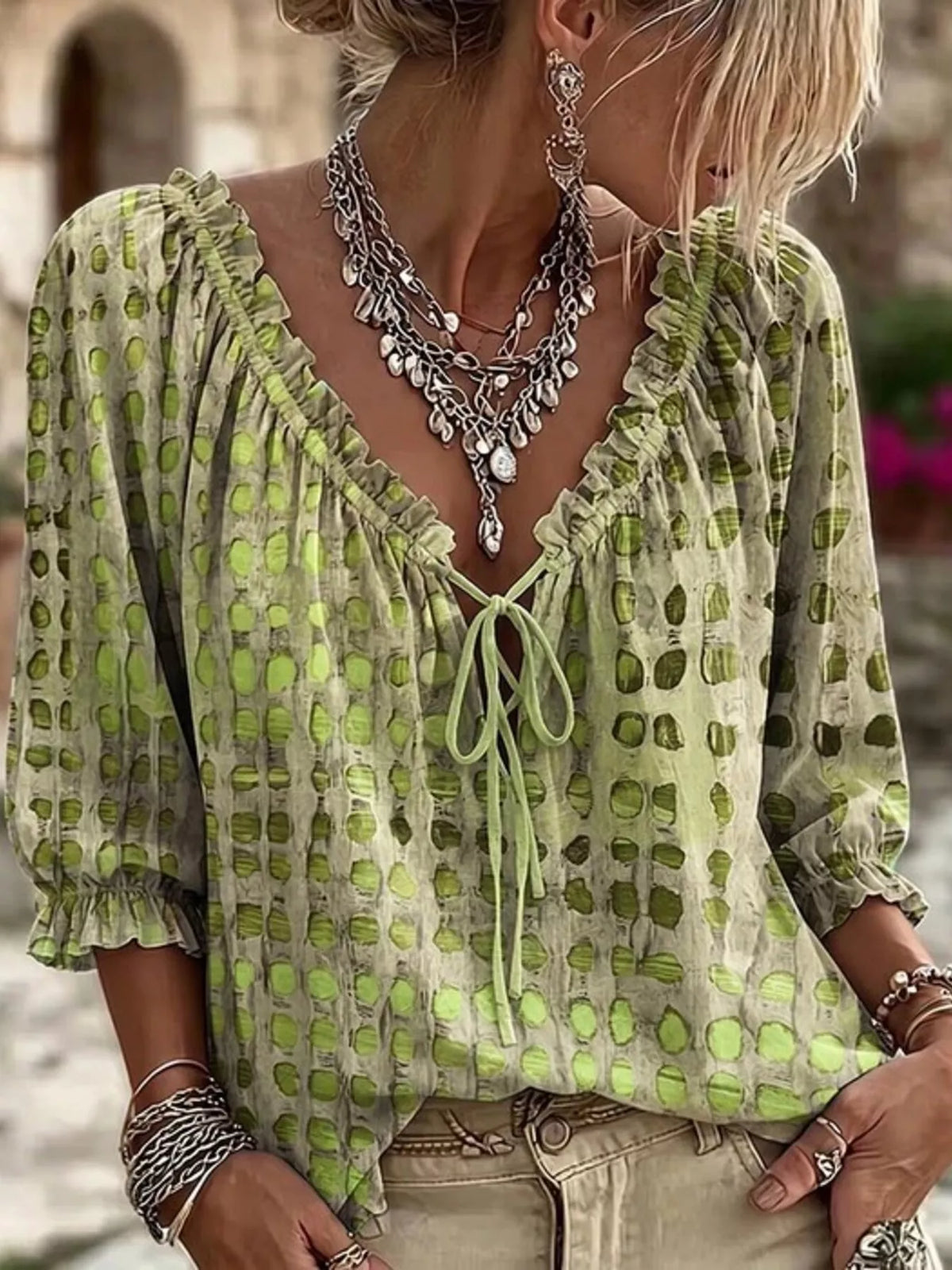 Full Size Tie Neck 3/4 Sleeve Blouse Plus Size