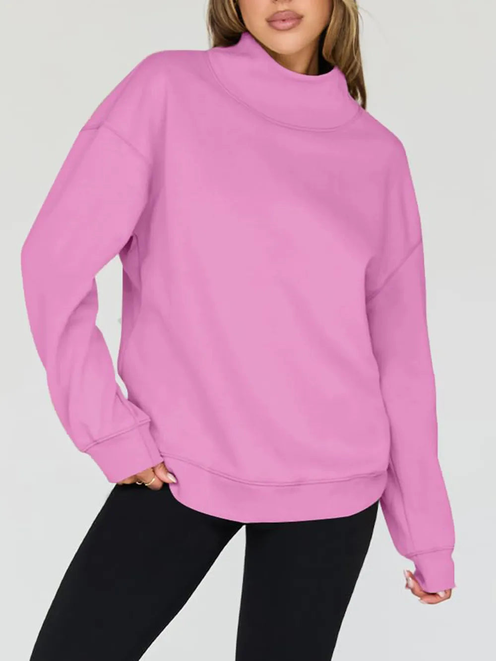 Mock Neck Drop Shoulder Long Sleeve Sweatshirt - Lilixa.store