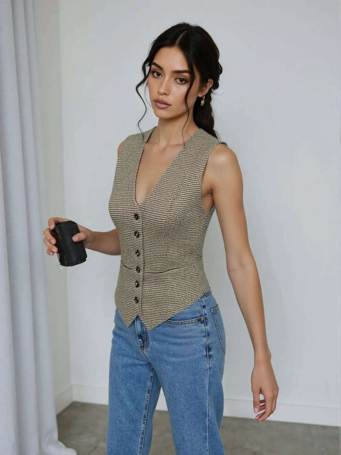 Plaid Button Down Vest in Mocha, view 5