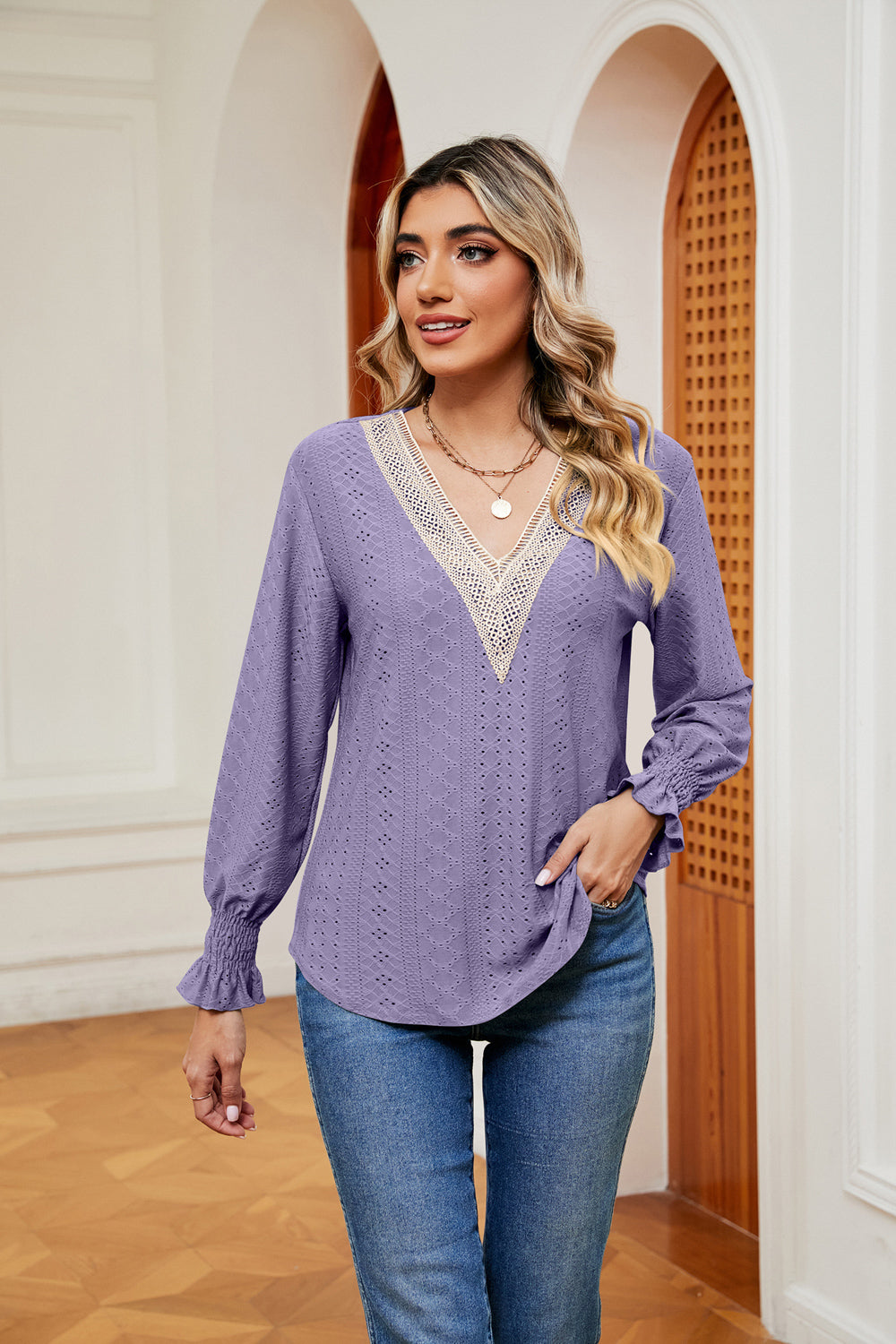 Contrast Flounce Sleeve Blouse in Lavender