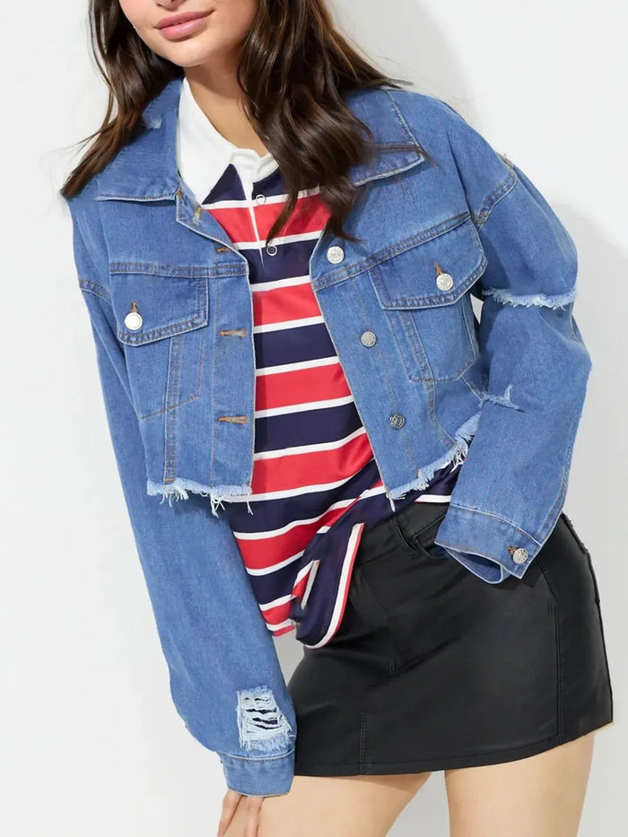 Raw Hem Collared Neck Cropped Denim Top - Lilixa.store