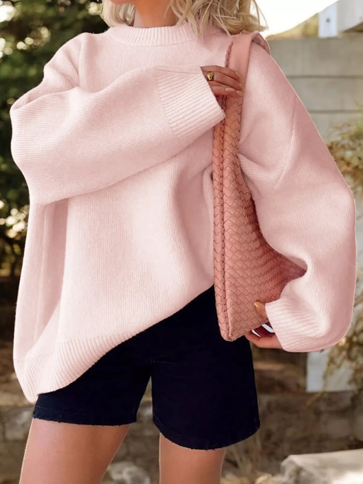 Ribbed Round Neck Dropped Shoulder Sweater - Lilixa.store