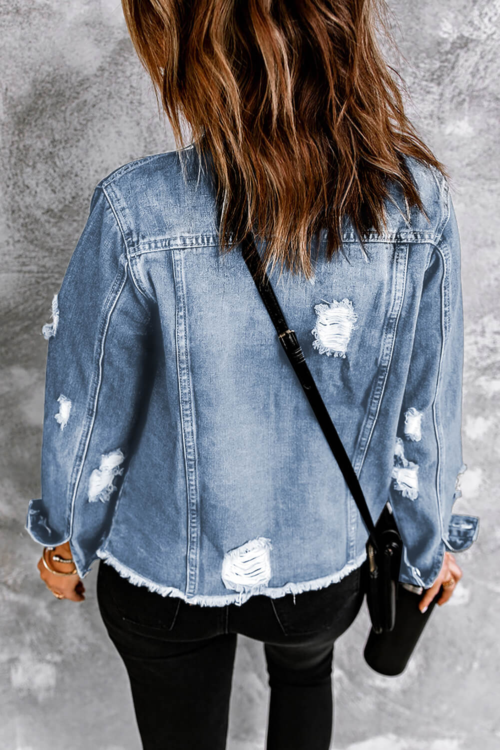 Distressed Raw Hem Buttons Denim Jacket in Black, view 6