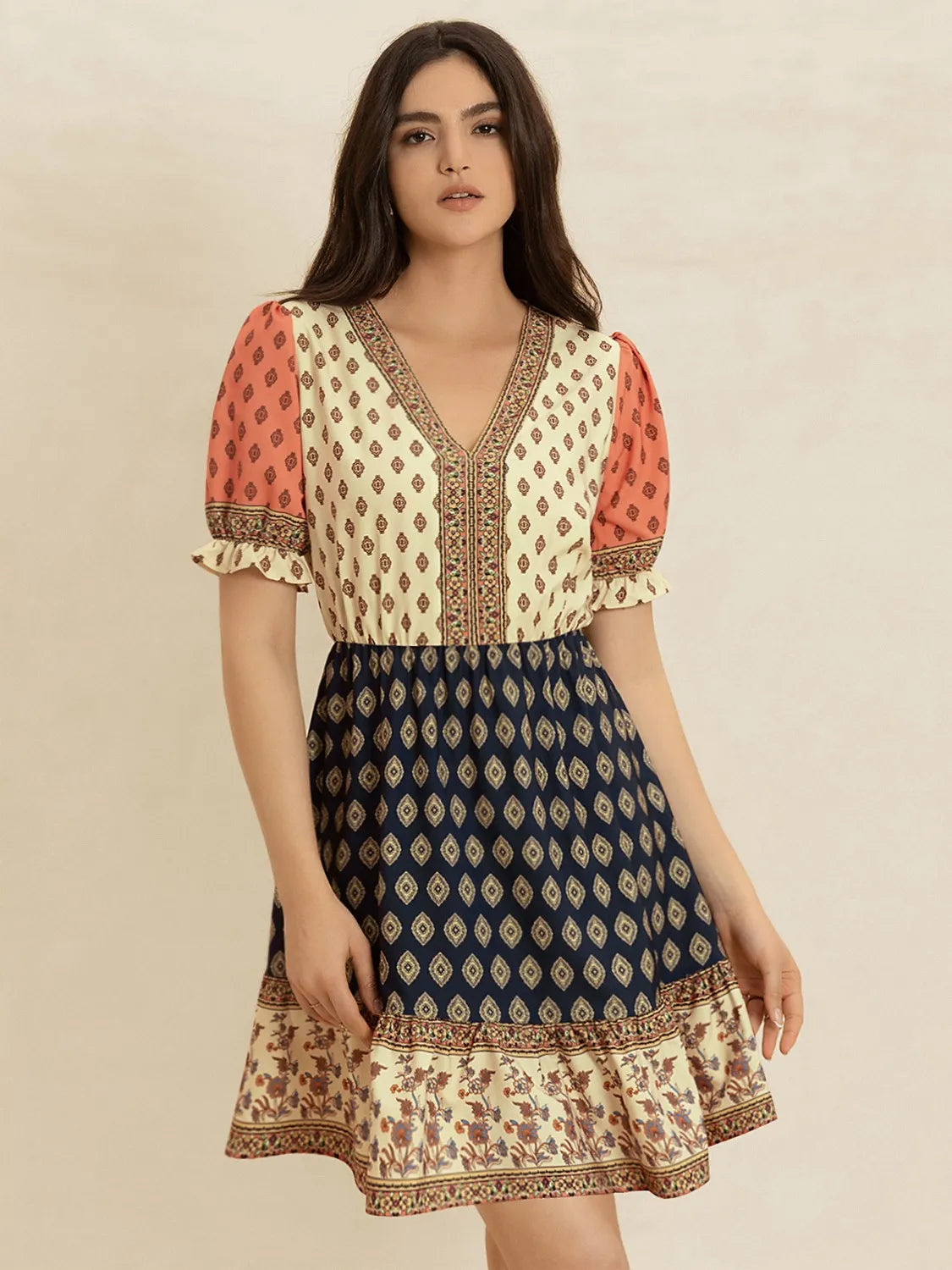 Printed V-Neck Short Sleeve Dress in Tan, view 6