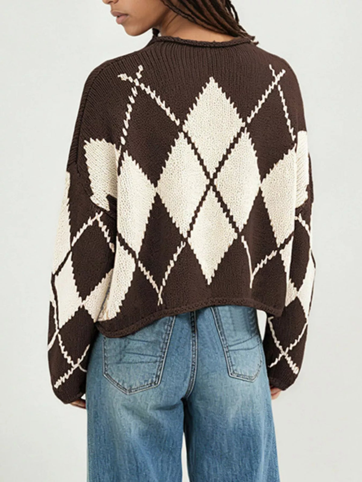 Argyle Pattern Knit Dropped Shoulder Sweater - Lilixa.store