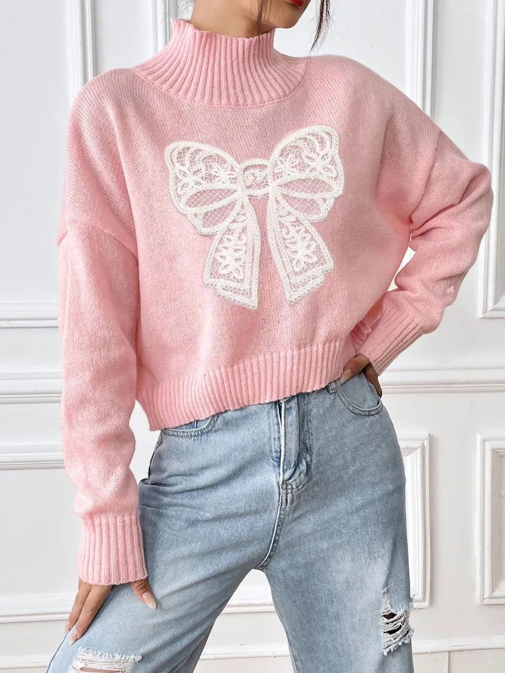 Bow Turtleneck Long Sleeve Sweater - Lilixa.store