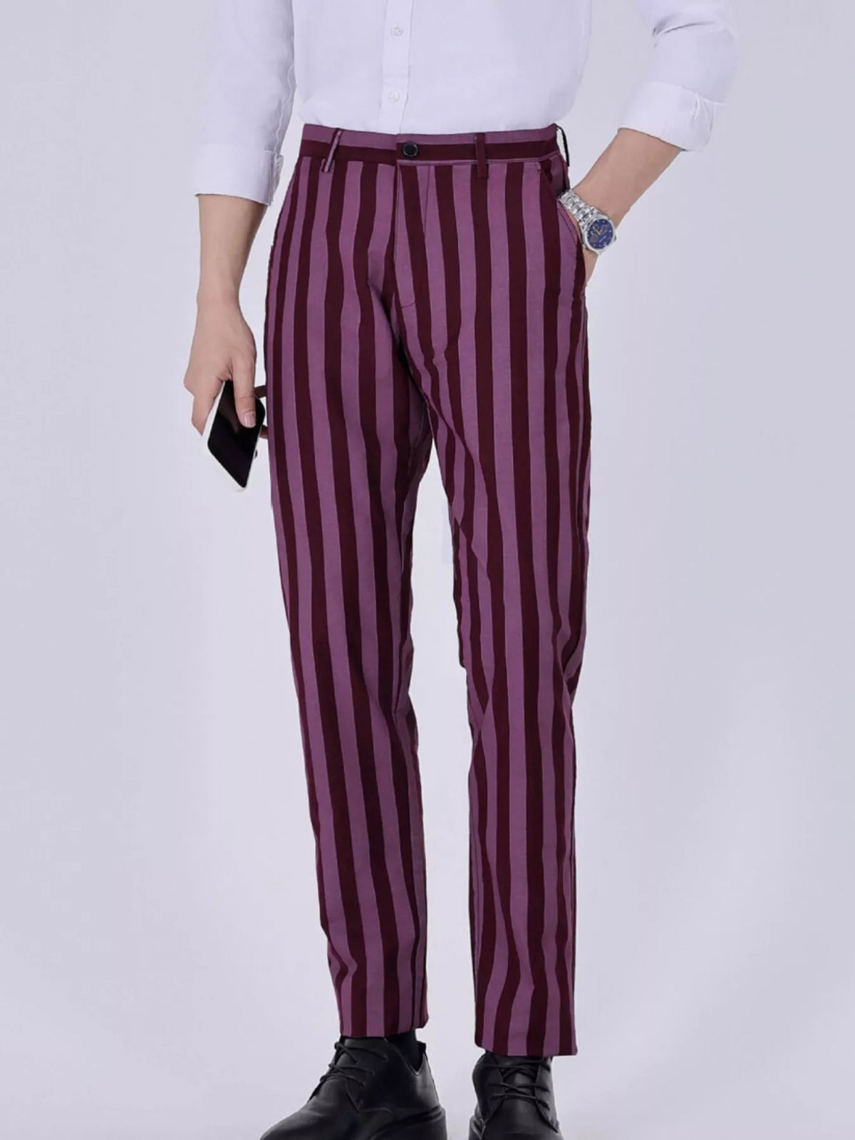 Men's Striped Slim-Fit Pants in Plum Purple, view 2