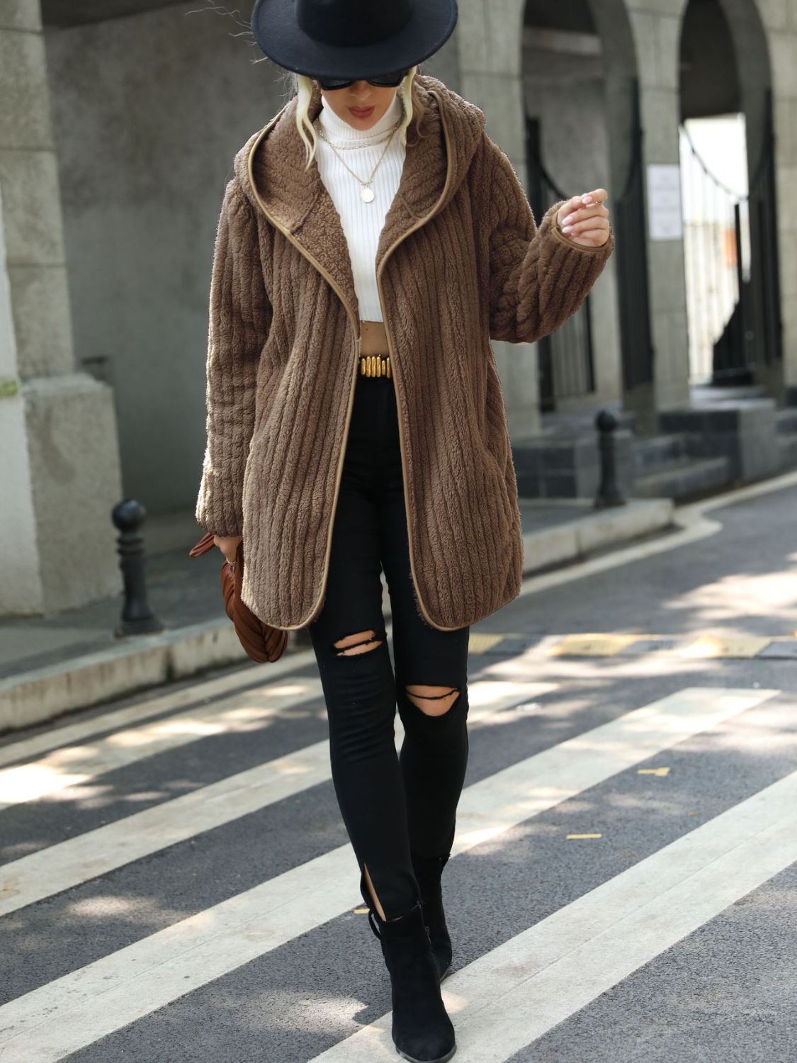 Open Front Ribbed Hooded Coat - Lilixa.store