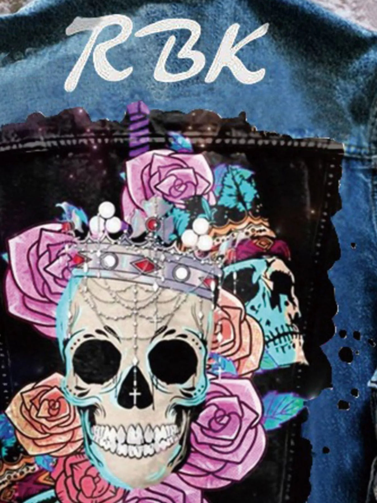 Full Size Skull and Rose Graphic Denim Jacket Plus Size - Lilixa.store