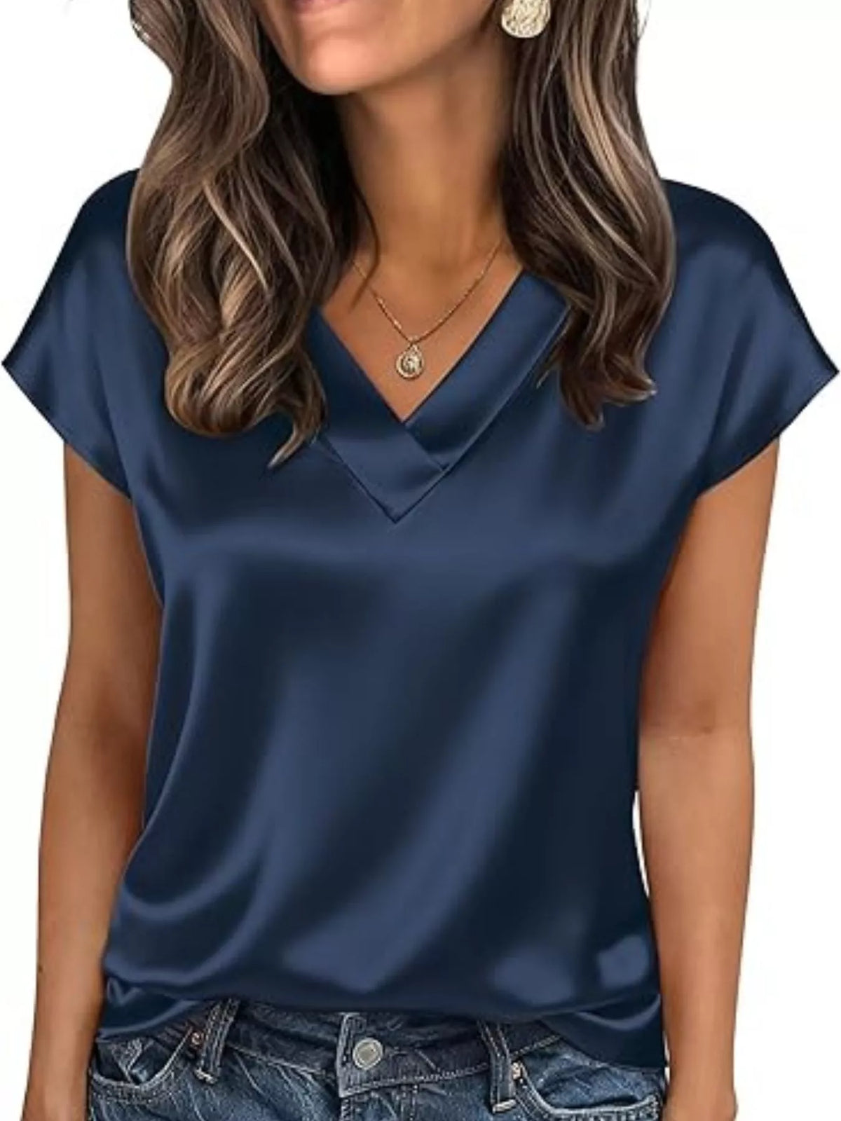 Satin V-Neck Short Sleeve Blouse - Lilixa.store