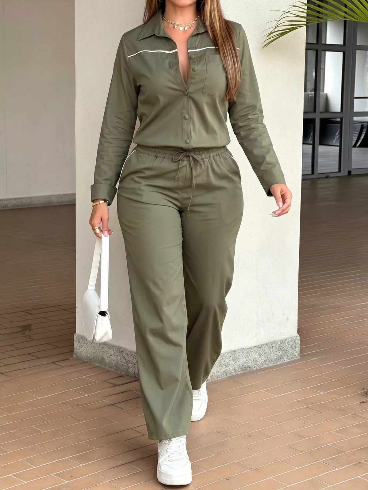 Button Front Jumpsuit with Drawstring Waist