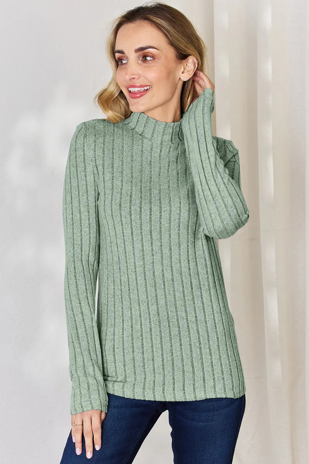Basic Bae Full Size Ribbed Mock Neck Long Sleeve T-Shirt - Lilixa.store