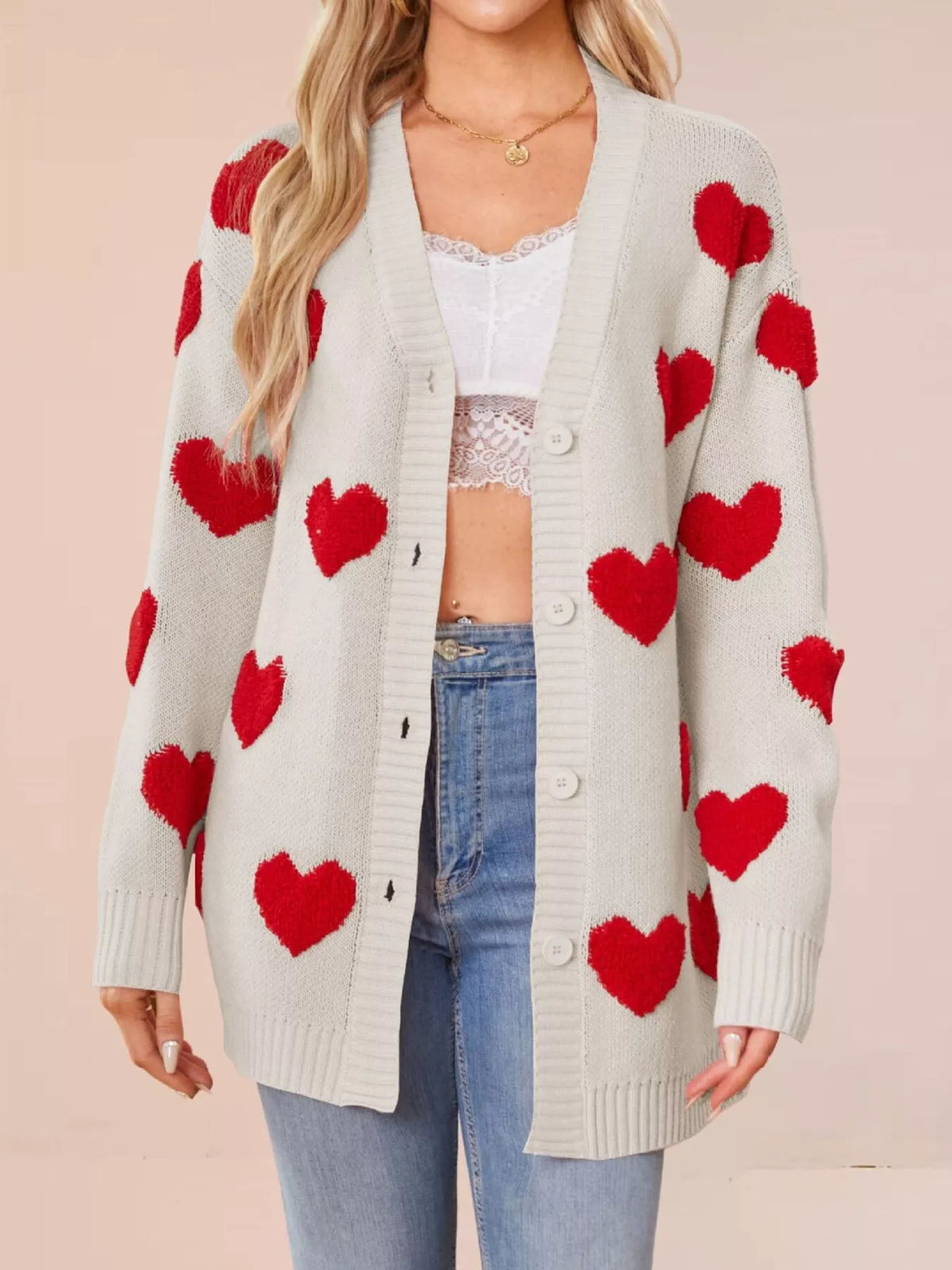 Heart Pattern V-Neck Button-Down Knit Cardigan - Lilixa.store