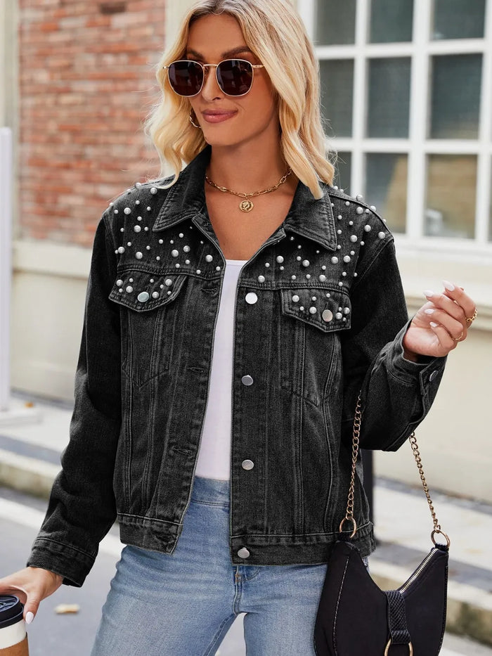Pearl Detail Collared Neck Long Sleeve Denim Jacket in Black