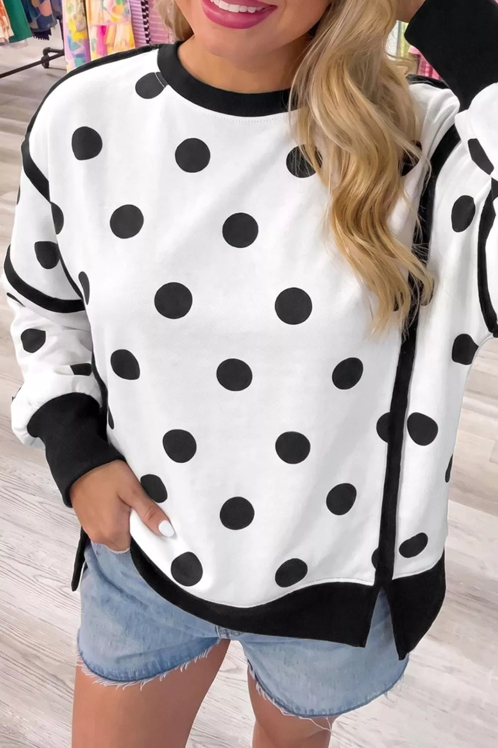 Polka Dot Crew Neck Sweatshirt - Lilixa.store