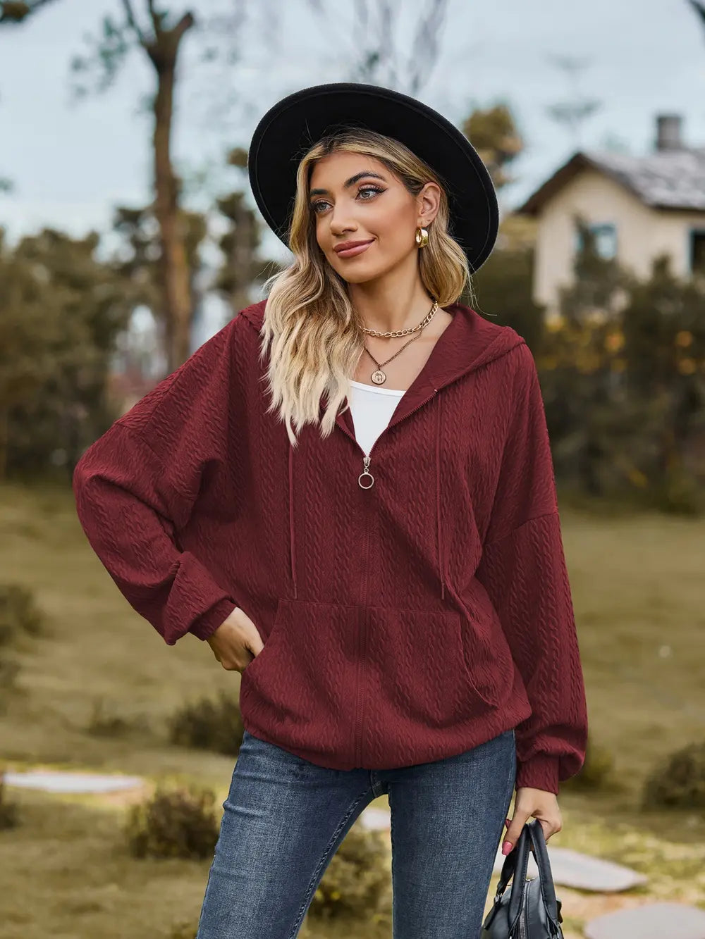Zip Up Drawstring Long Sleeve Hooded Jacket, view 14