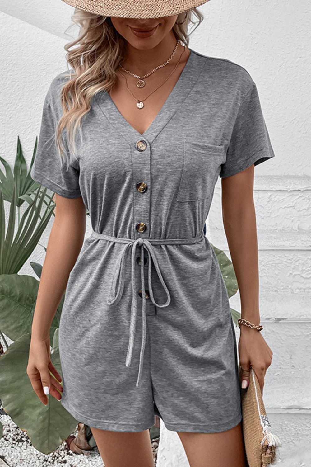 Perfee V-Neck Short Sleeve Tied Romper - Lilixa.store