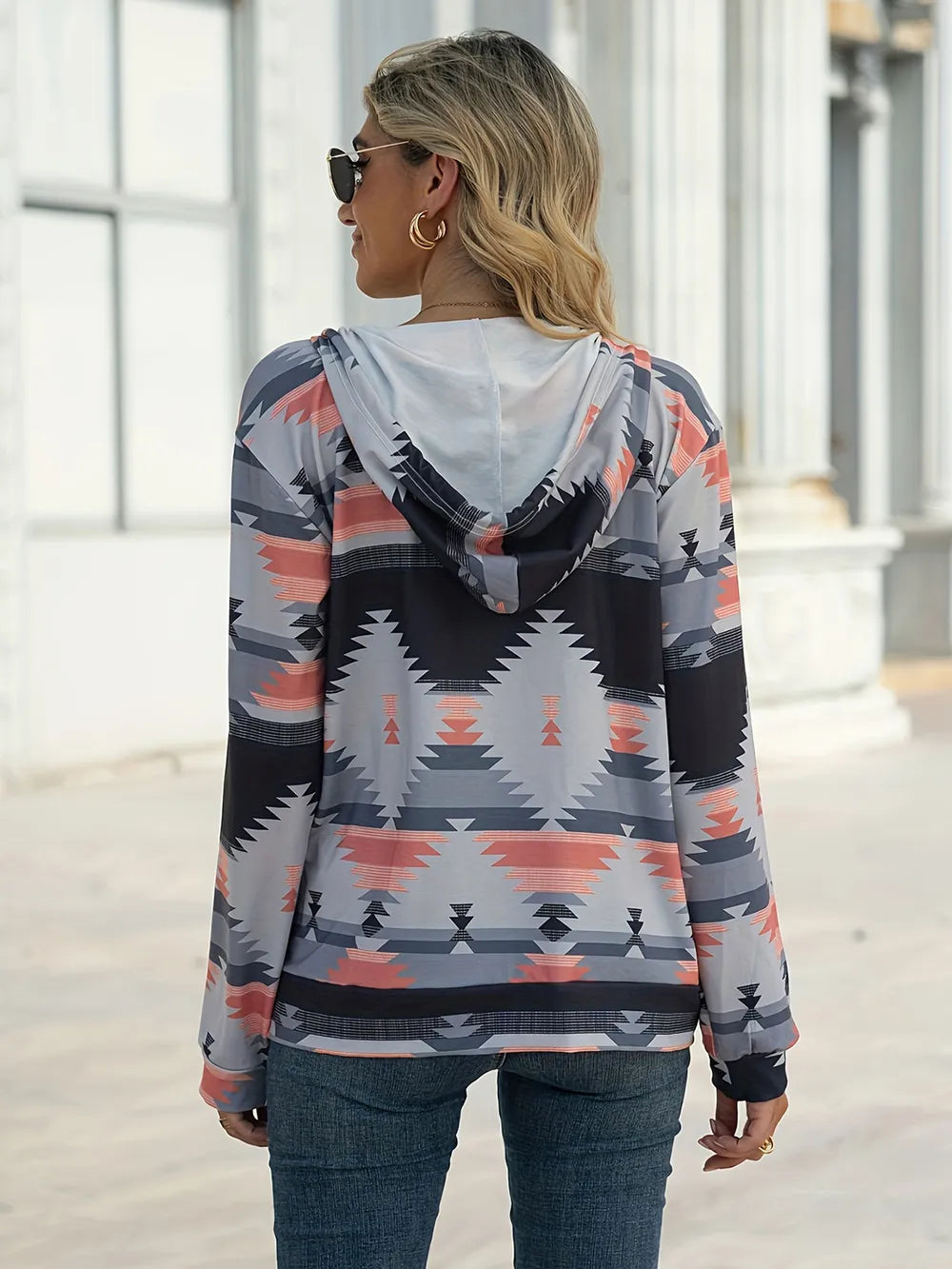Geometric Zip Up Long Sleeve Hooded Jacket, view 11