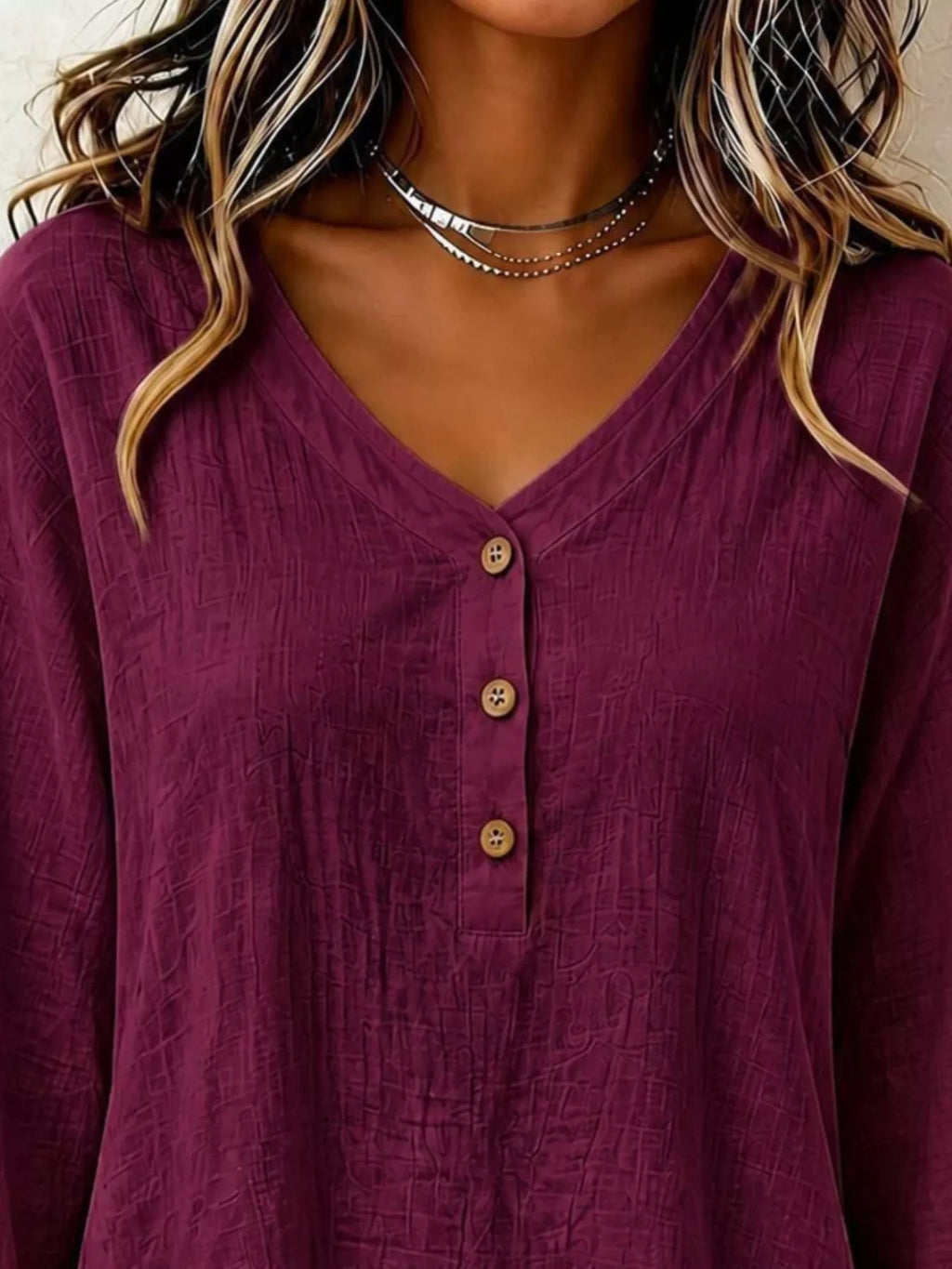 V-Neck Long Sleeve Button Detail Ruffled Hem Blouse - Lilixa.store