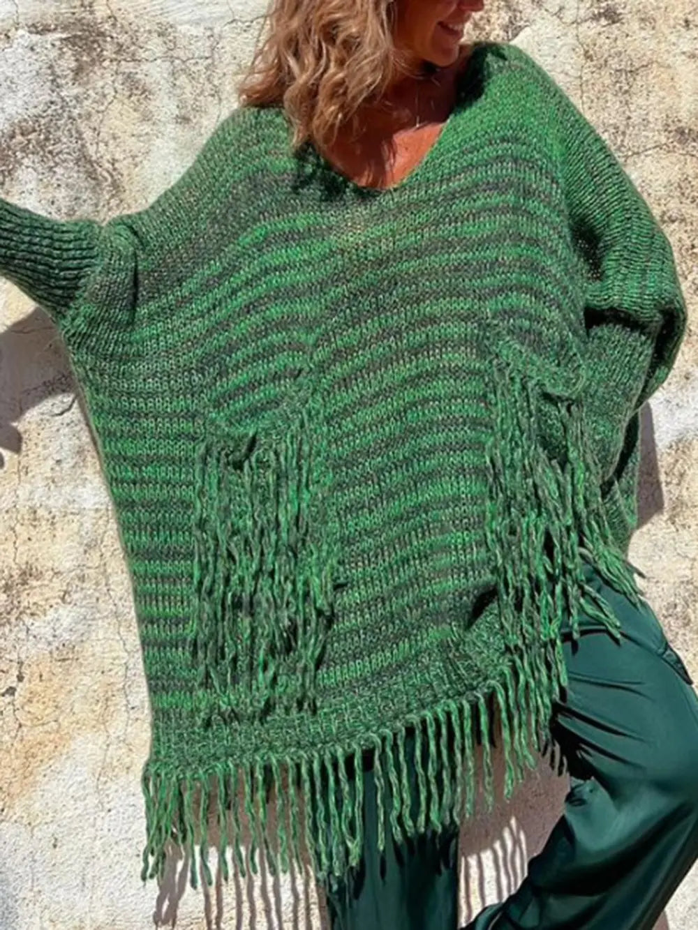 Fringe Detail Long Sleeve Sweater with Pockets, view 6