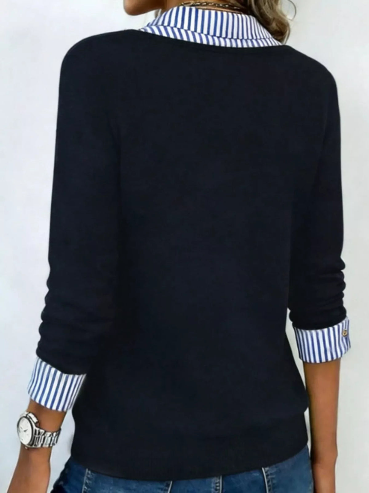 Layered Look Striped Collar Long Sleeve Top - Lilixa.store
