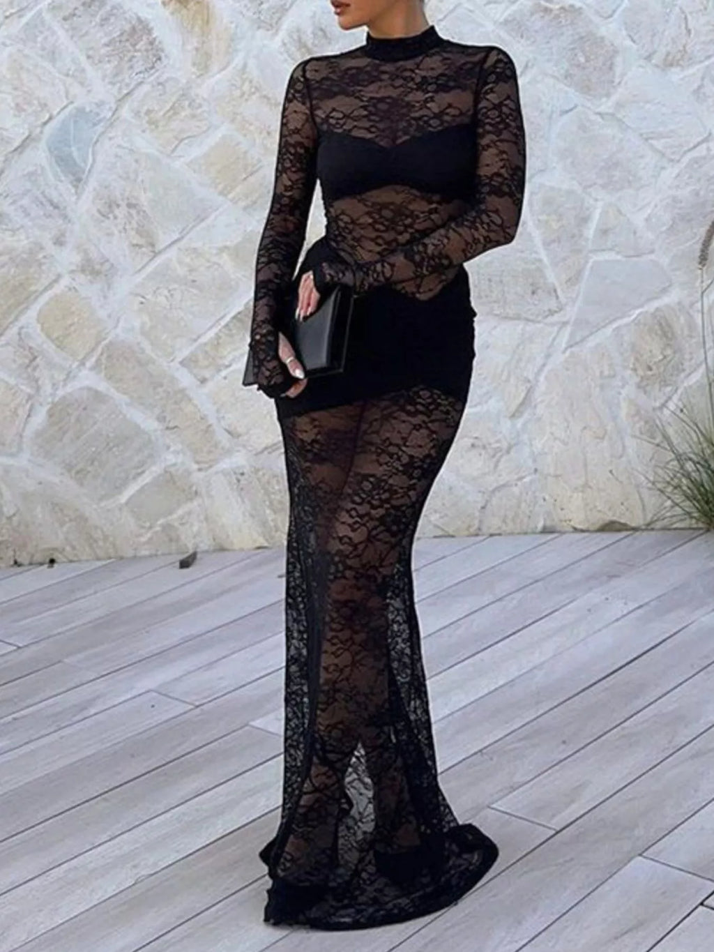 Lace Sheer Mock Neck Long Sleeve Maxi Dress - Lilixa.store