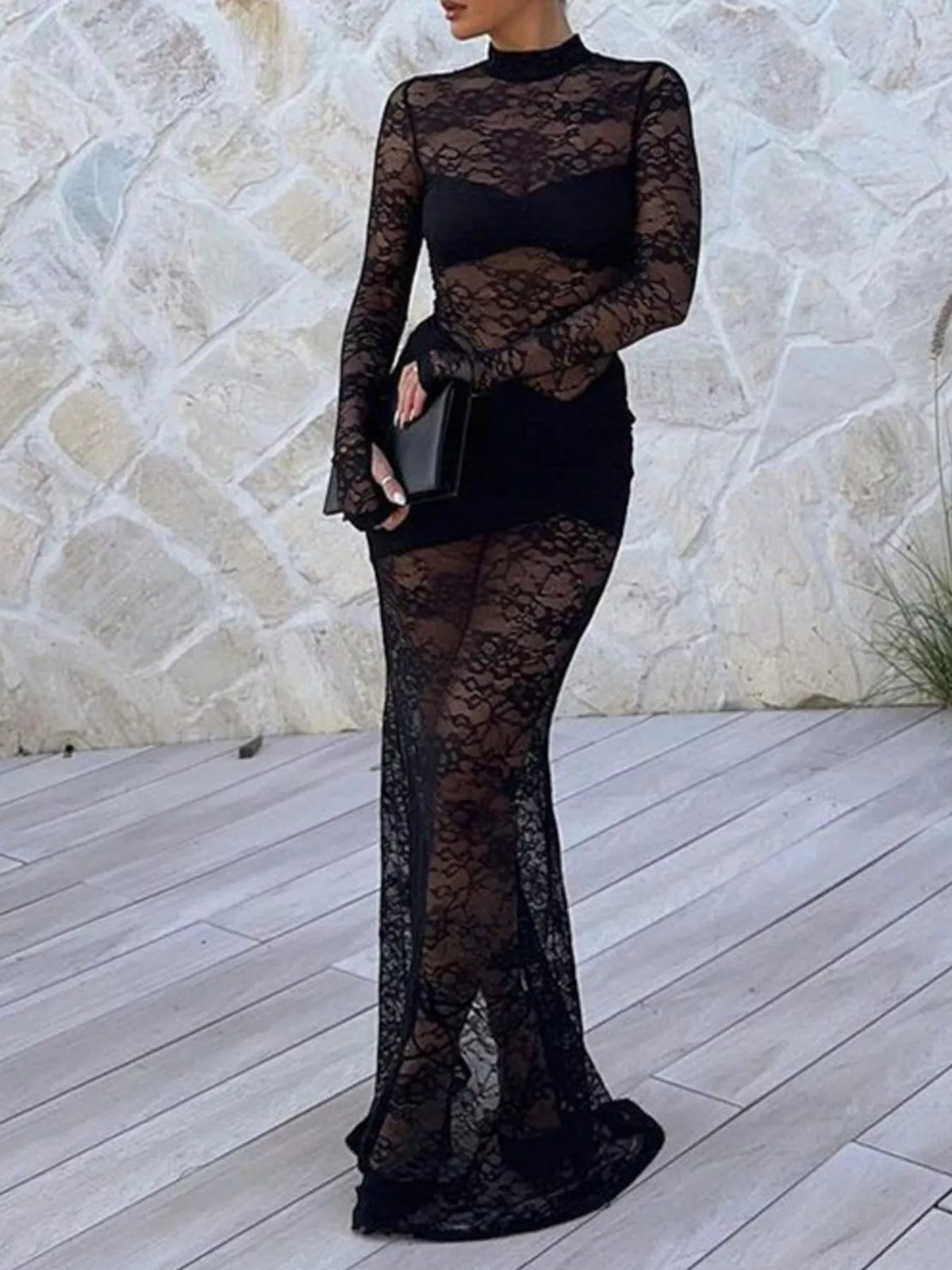 Lace Sheer Mock Neck Long Sleeve Maxi Dress - Lilixa.store