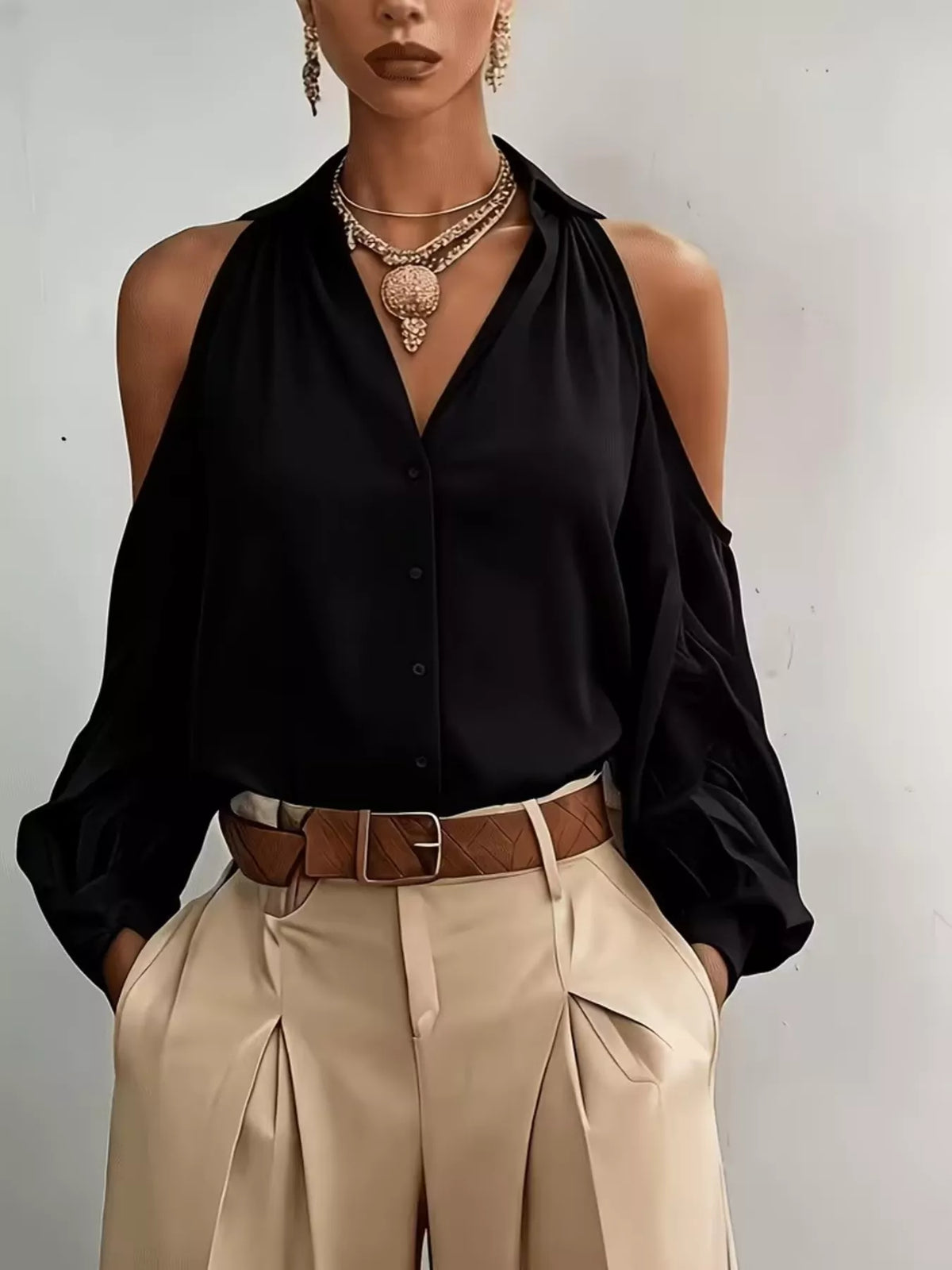 Cold-Shoulder Button-Down Shirt in Black