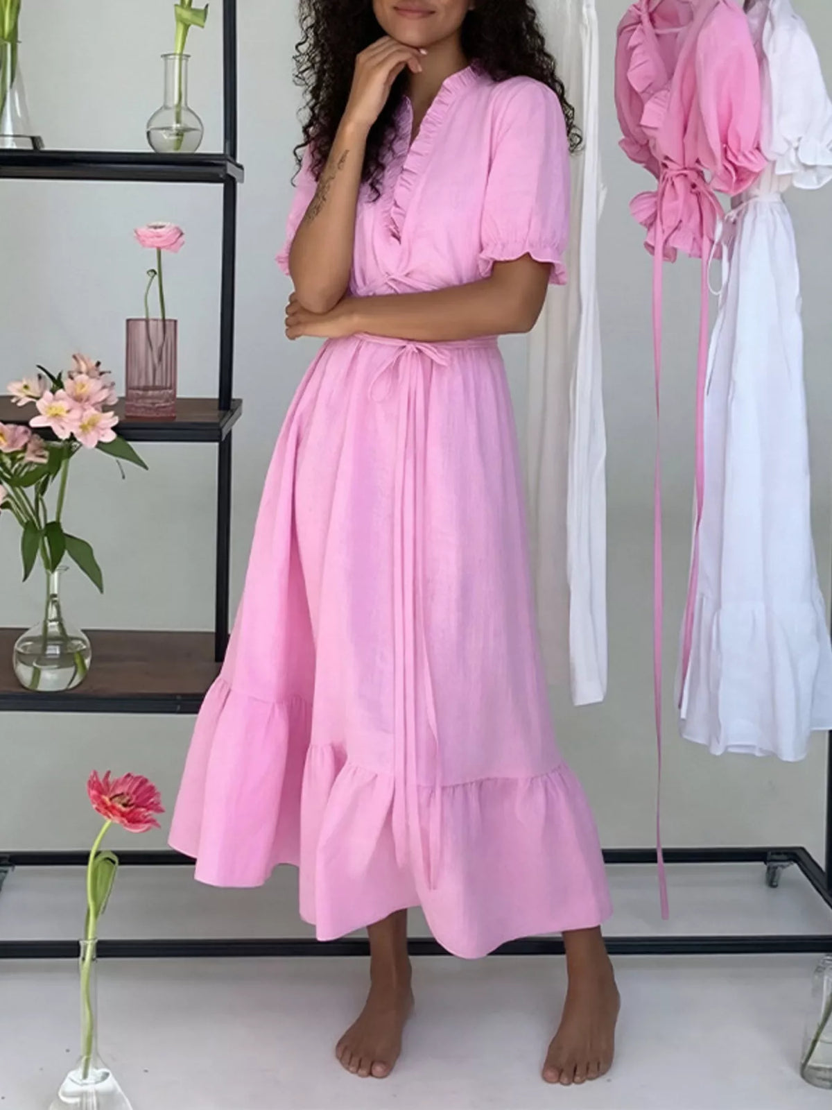 Full Size Puff Sleeve Ruffle Trim Maxi Dress Plus Size in Pink