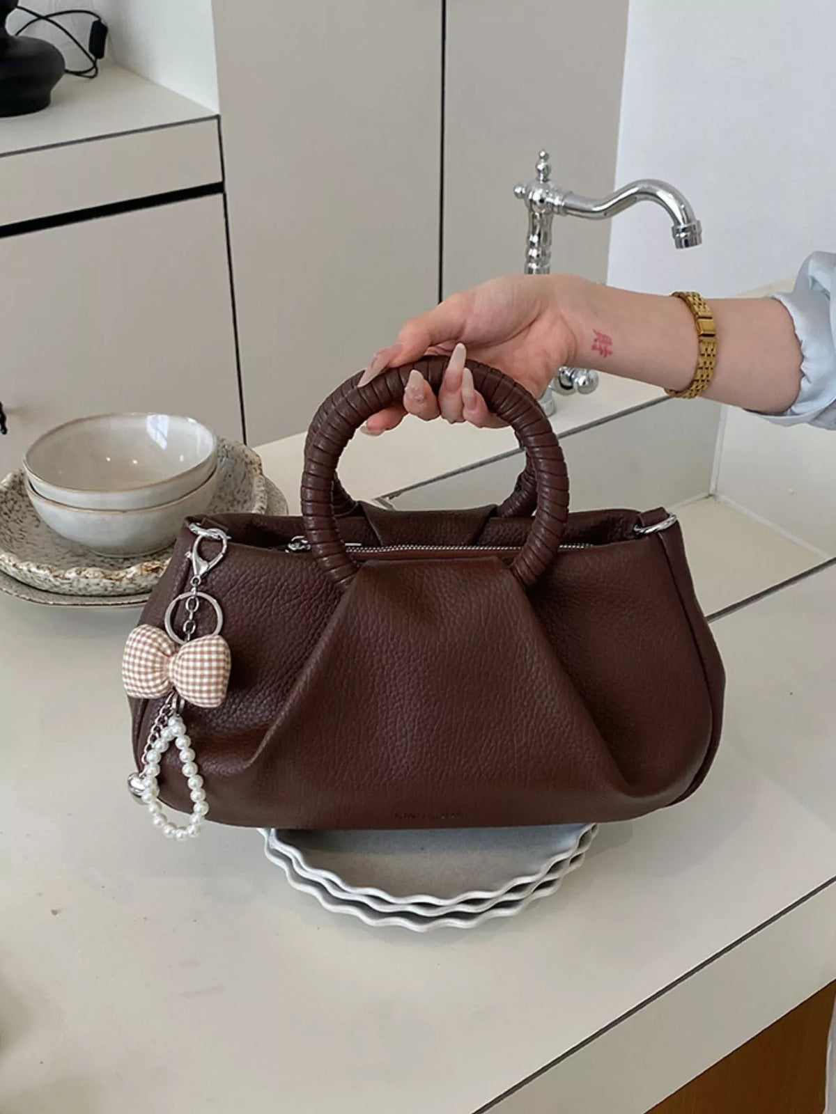 Top Handle Crossbody Bag with Pearl Bow Charm