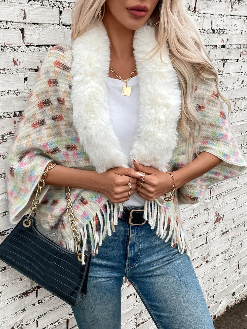 Fringe Fuzzy Open Front Poncho - Lilixa.store