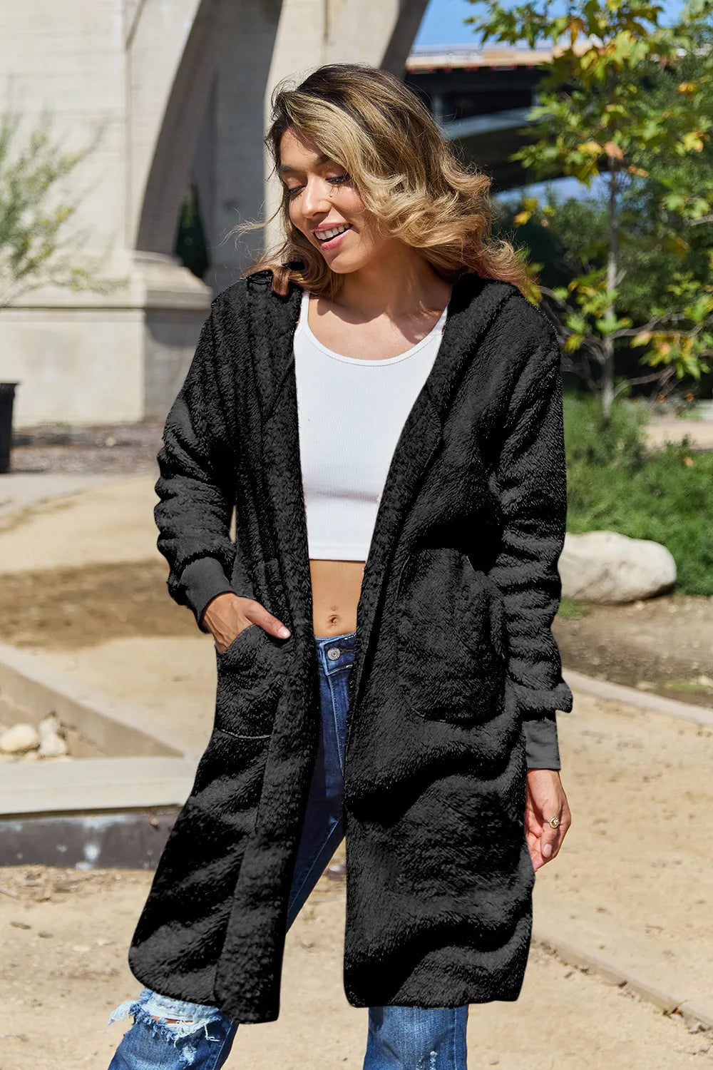 Double Take Full Size Hooded Teddy Bear Jacket with Thumbholes - Lilixa.store