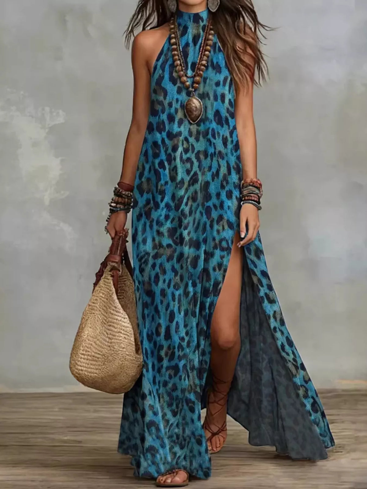 Leopard Print Sleeveless Maxi Dress with Side Slit
