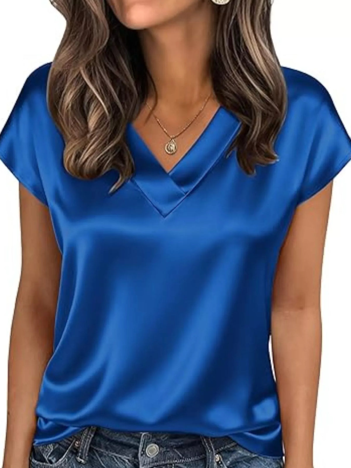 Satin V-Neck Short Sleeve Blouse - Lilixa.store