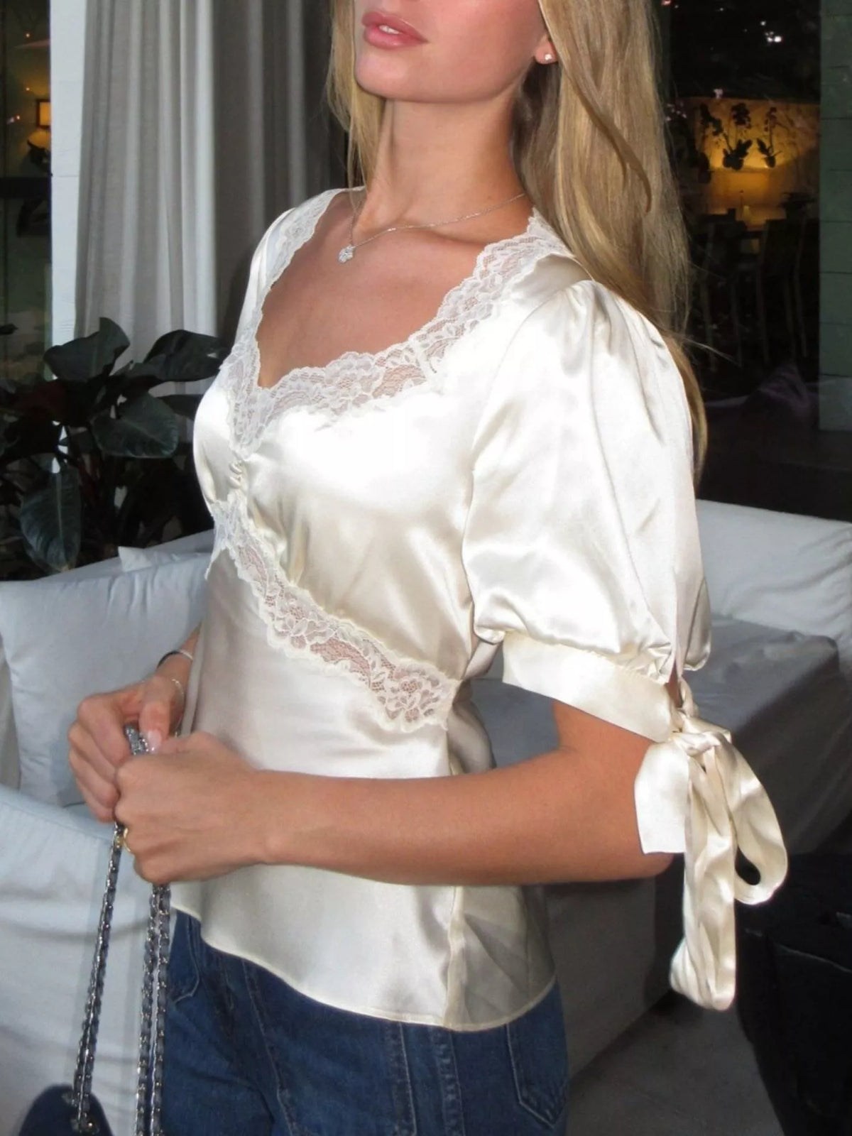 Satin Lace Trim and Tie-Sleeve Detail Blouse in Cream, view 2