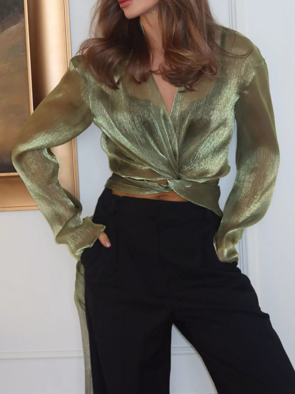 Sheer Front Tie Detail Long Sleeve Shirt - Lilixa.store