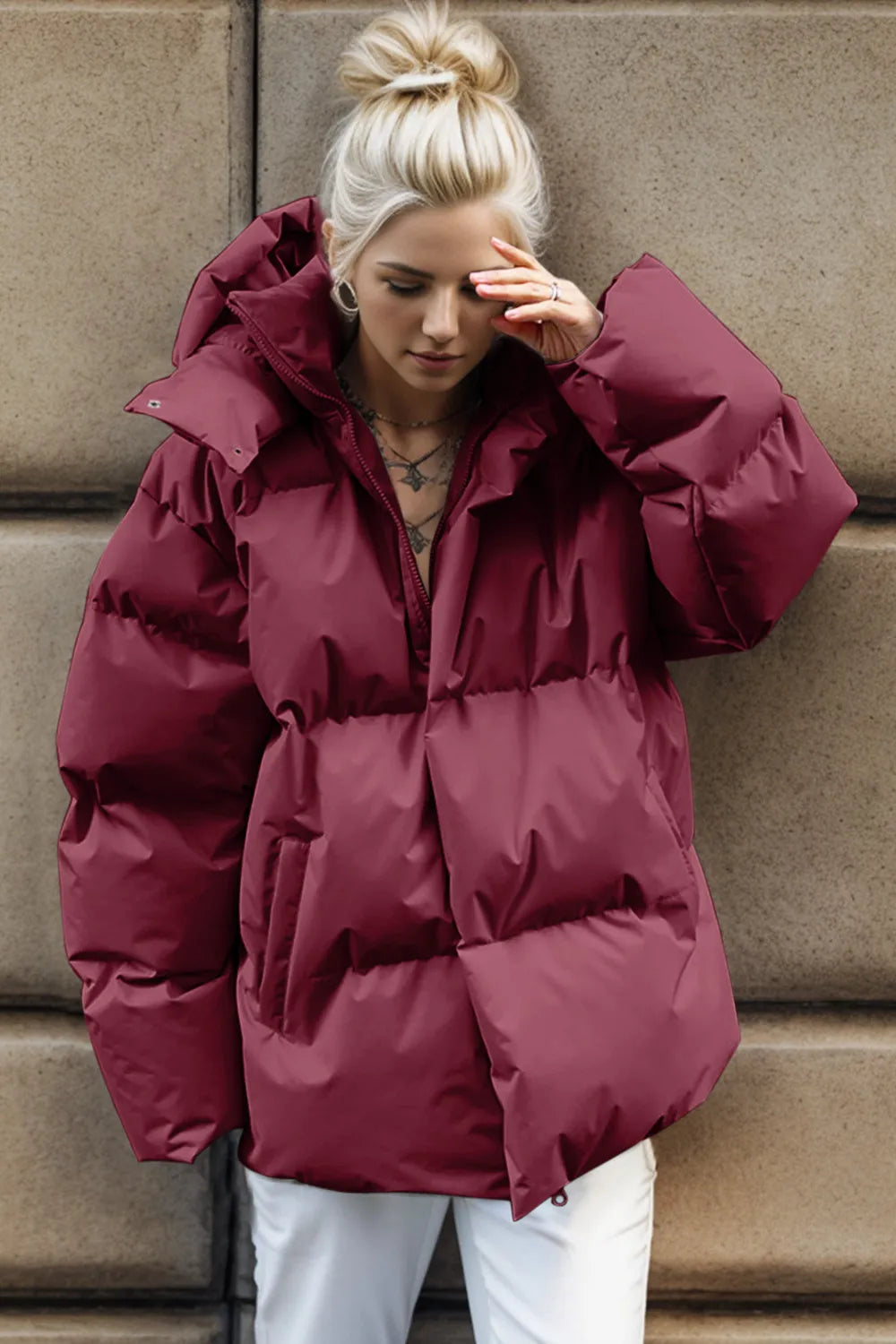 Pocketed Zip Up Hooded Puffer Jacket in Burgundy