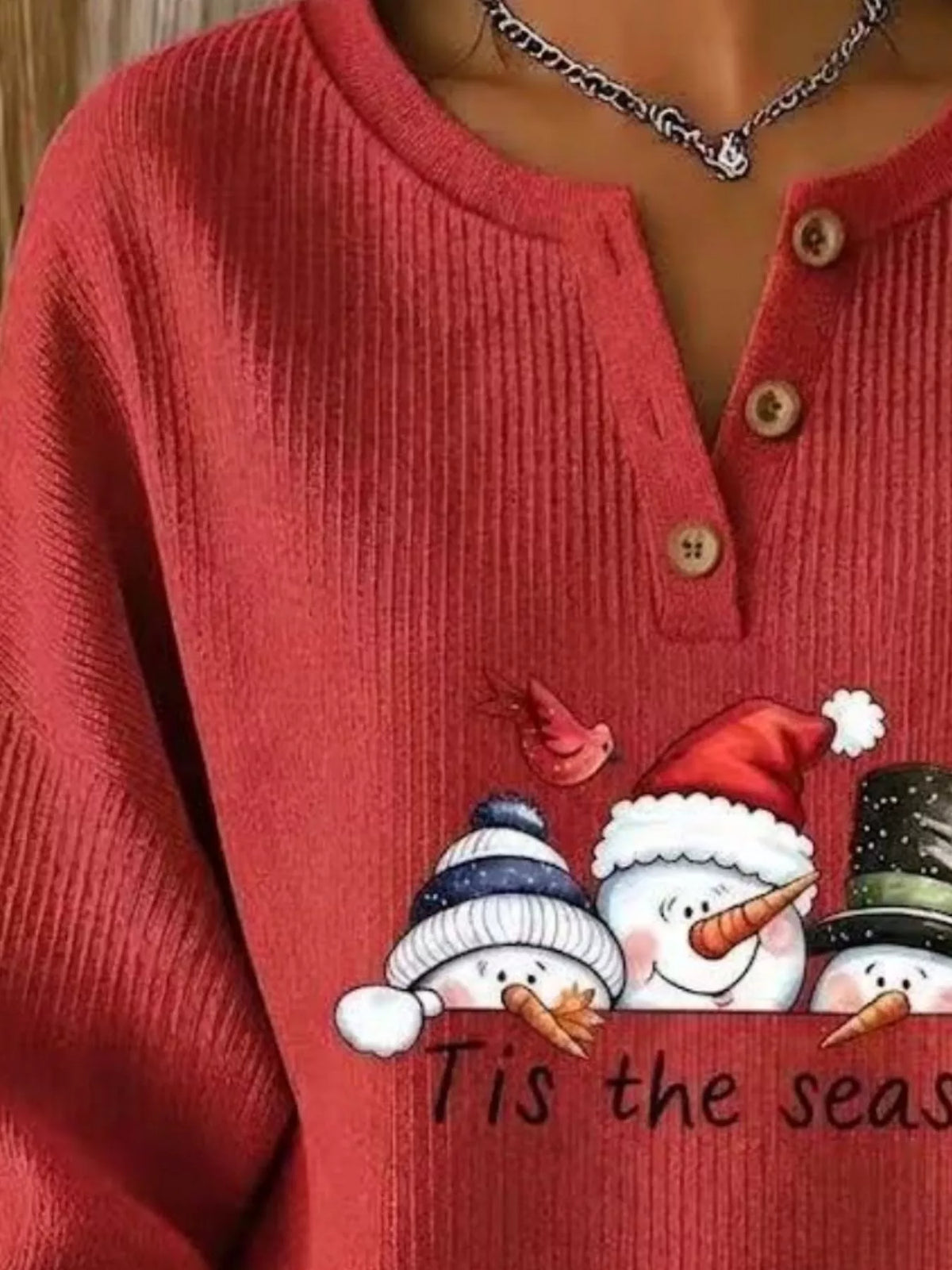 Full Size Christmas Themed Snowman Graphic Ribbed Henley Sweatshirt Plus Size, view 2