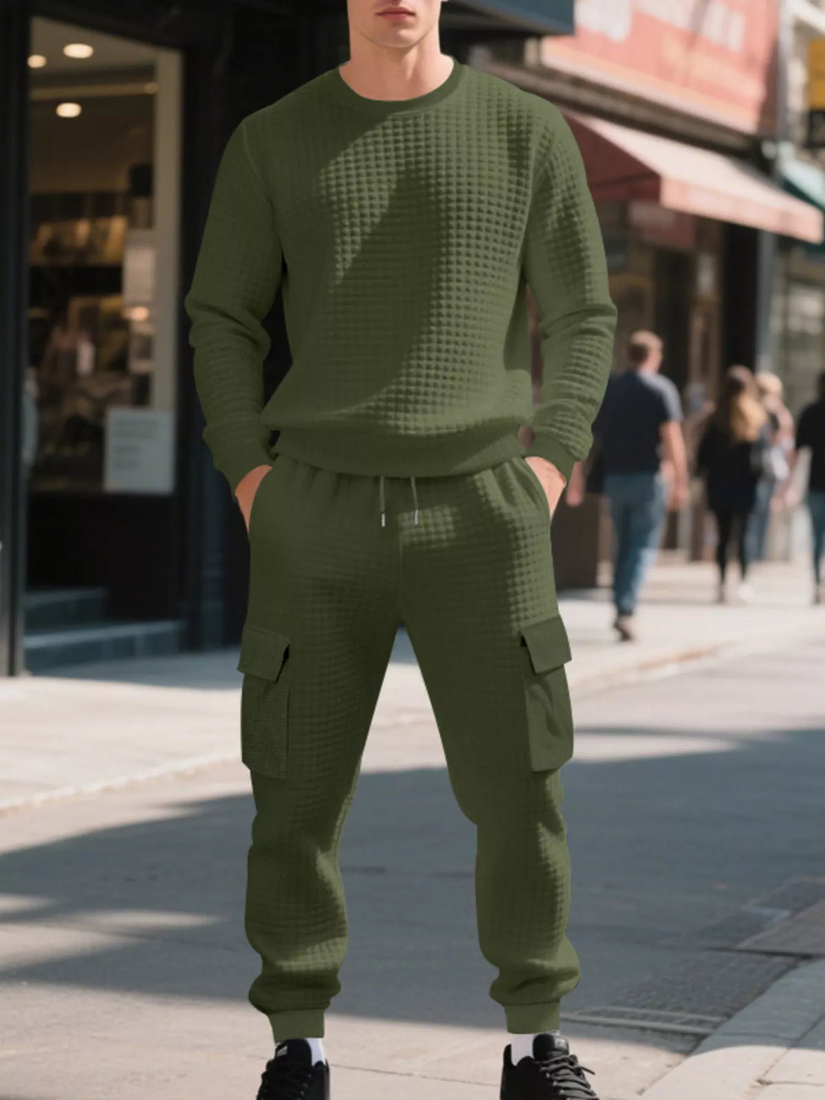 Men's Plus Size Waffle Knit Textured Crewneck Sweatshirt and Jogger Set - Lilixa.store