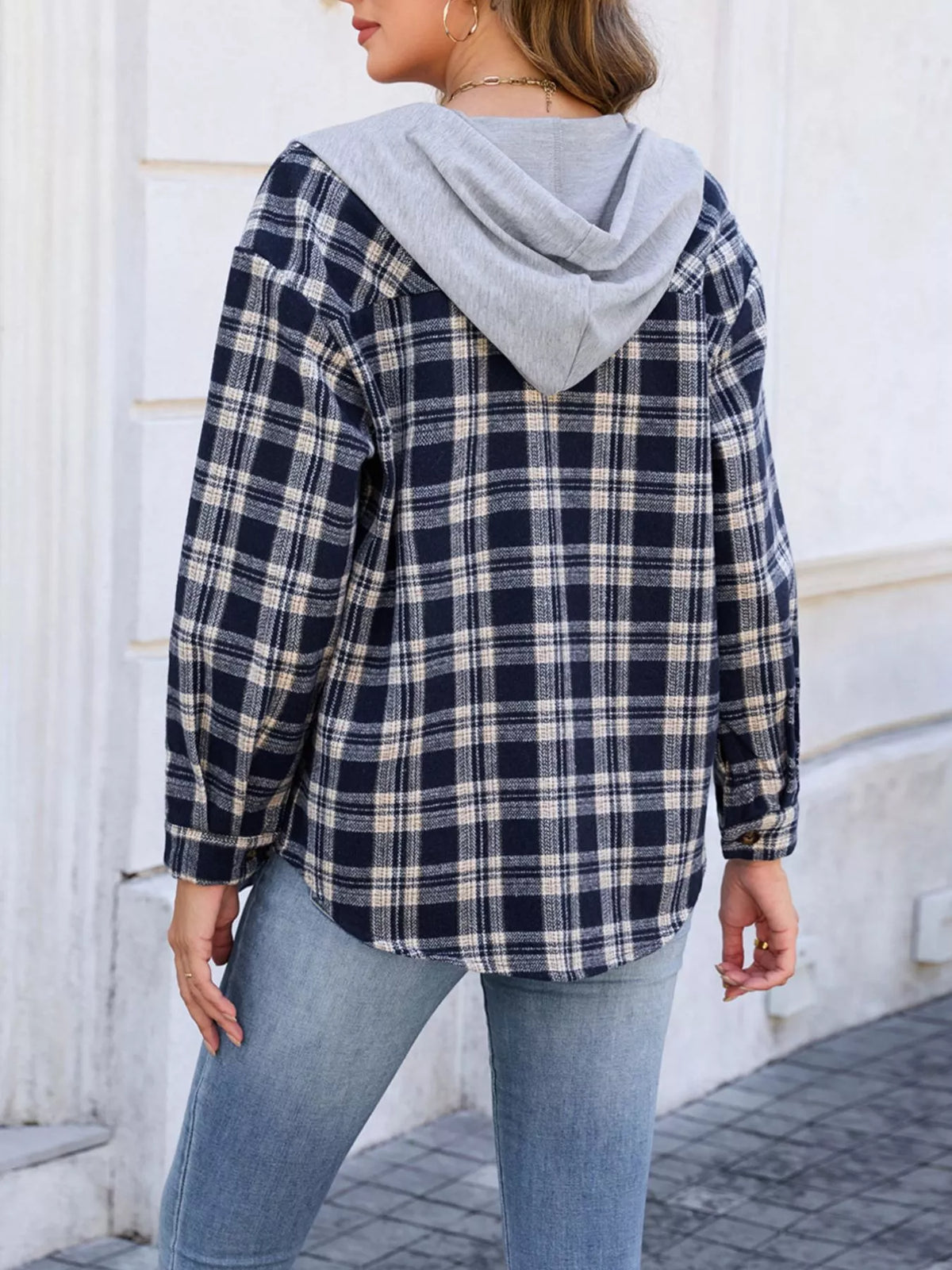 Hooded Plaid Button-Up Shacket, view 5