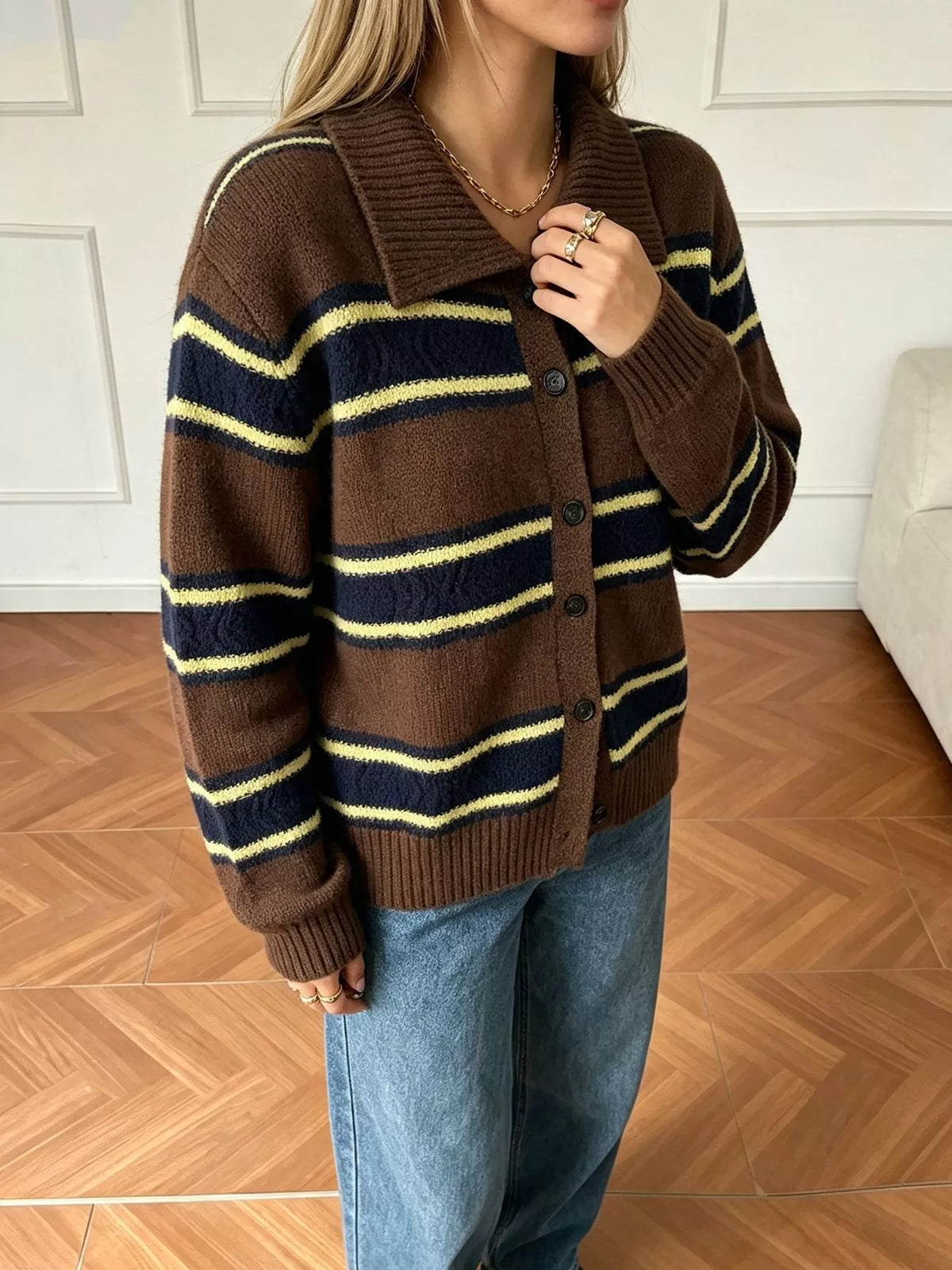 Vintage-Inspired Striped Knit Cardigan with Polo Collar, view 8