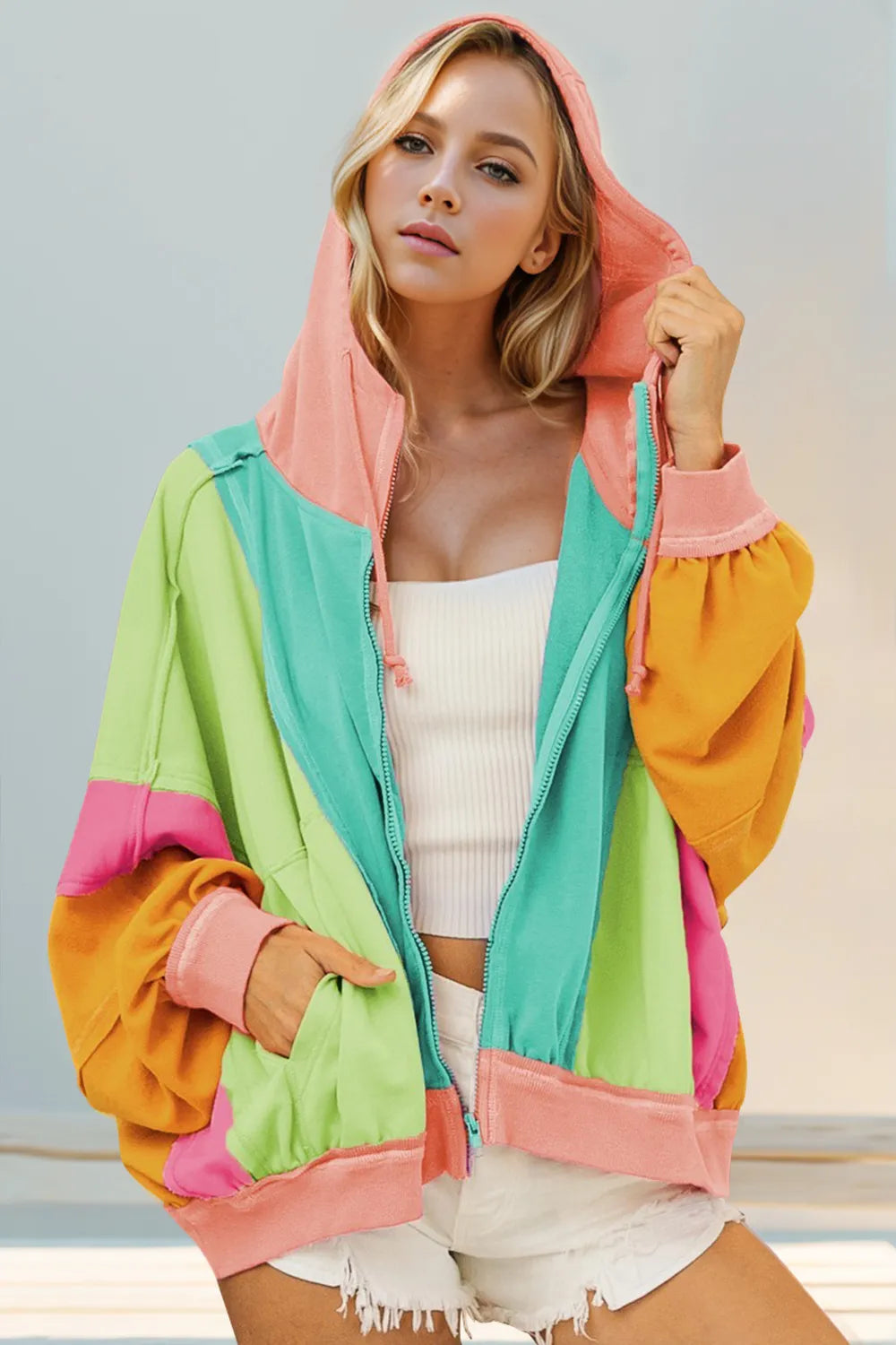 Double Take Full Size Color Block Zip Up Hoodie in Teal