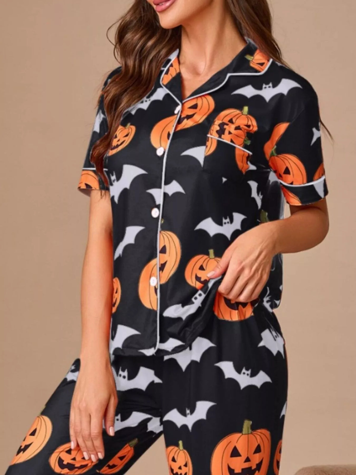 Halloween Pumpkin and Bat Print Button-Down Top and Pants Lounge Set - Lilixa.store