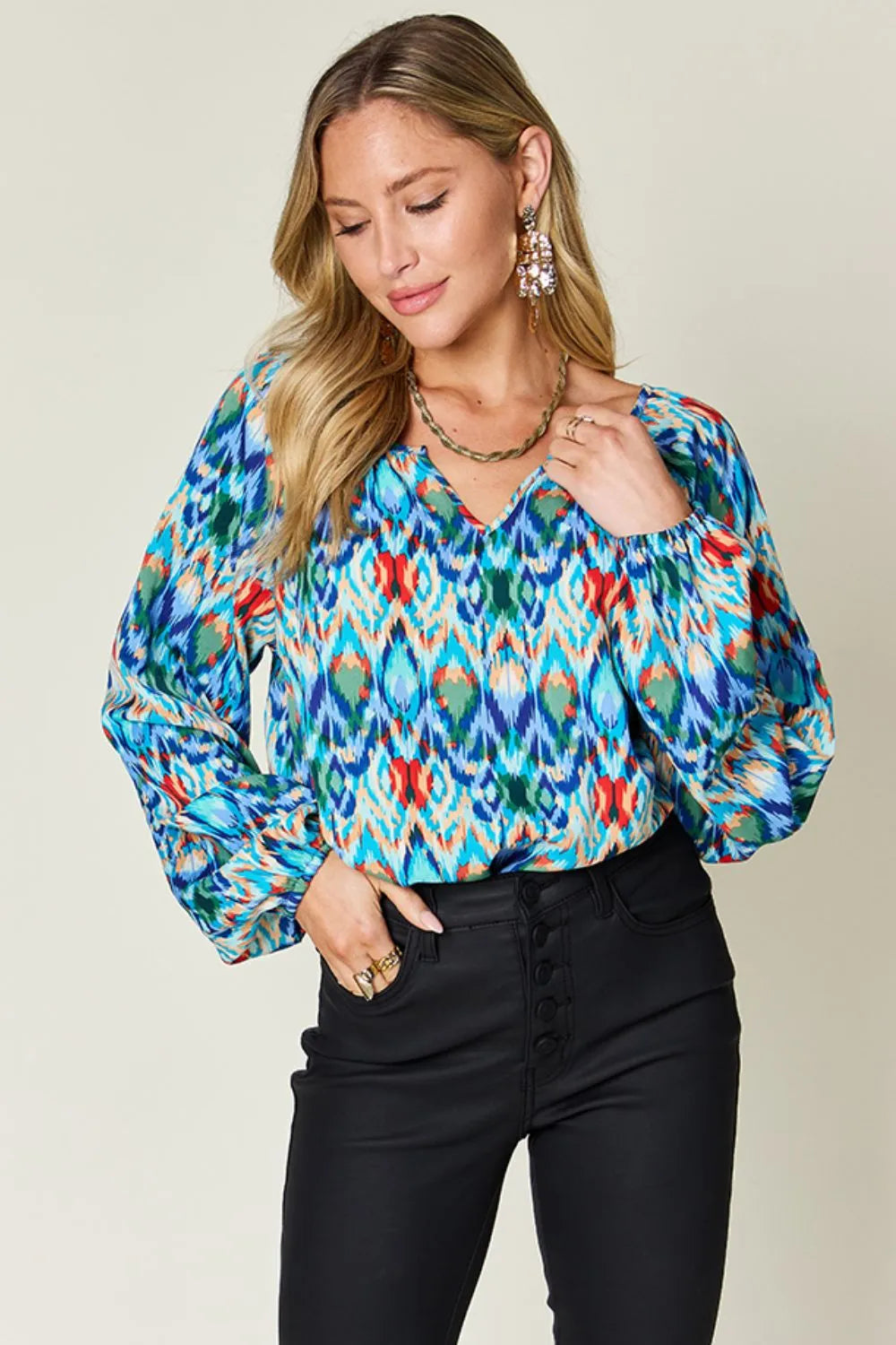Double Take Full Size Printed Balloon Sleeve Blouse - Lilixa.store