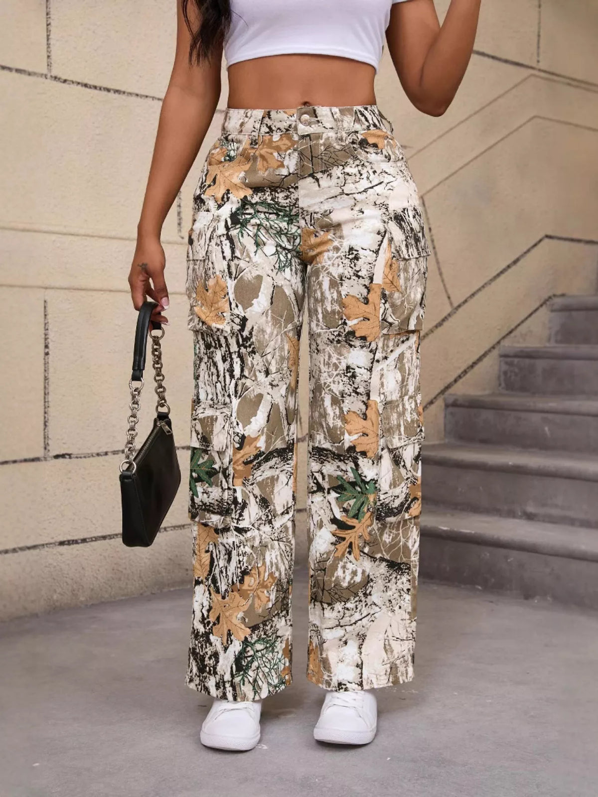 High-Waisted Camouflage Print Cargo Pants, view 2
